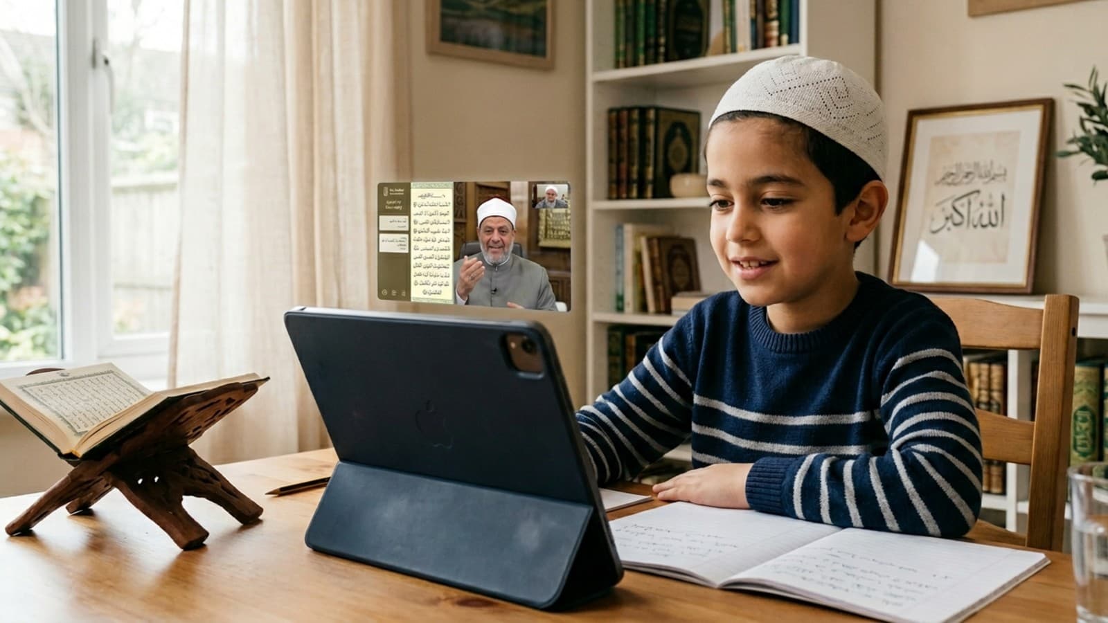 Child learning Quran online with teacher, explaining online Quran class duration