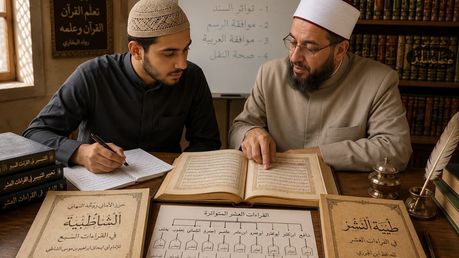 Advanced student studying the Quranic ten mutawatir qiraat from Shatibiyyah and Tayyibah manuscripts with teacher