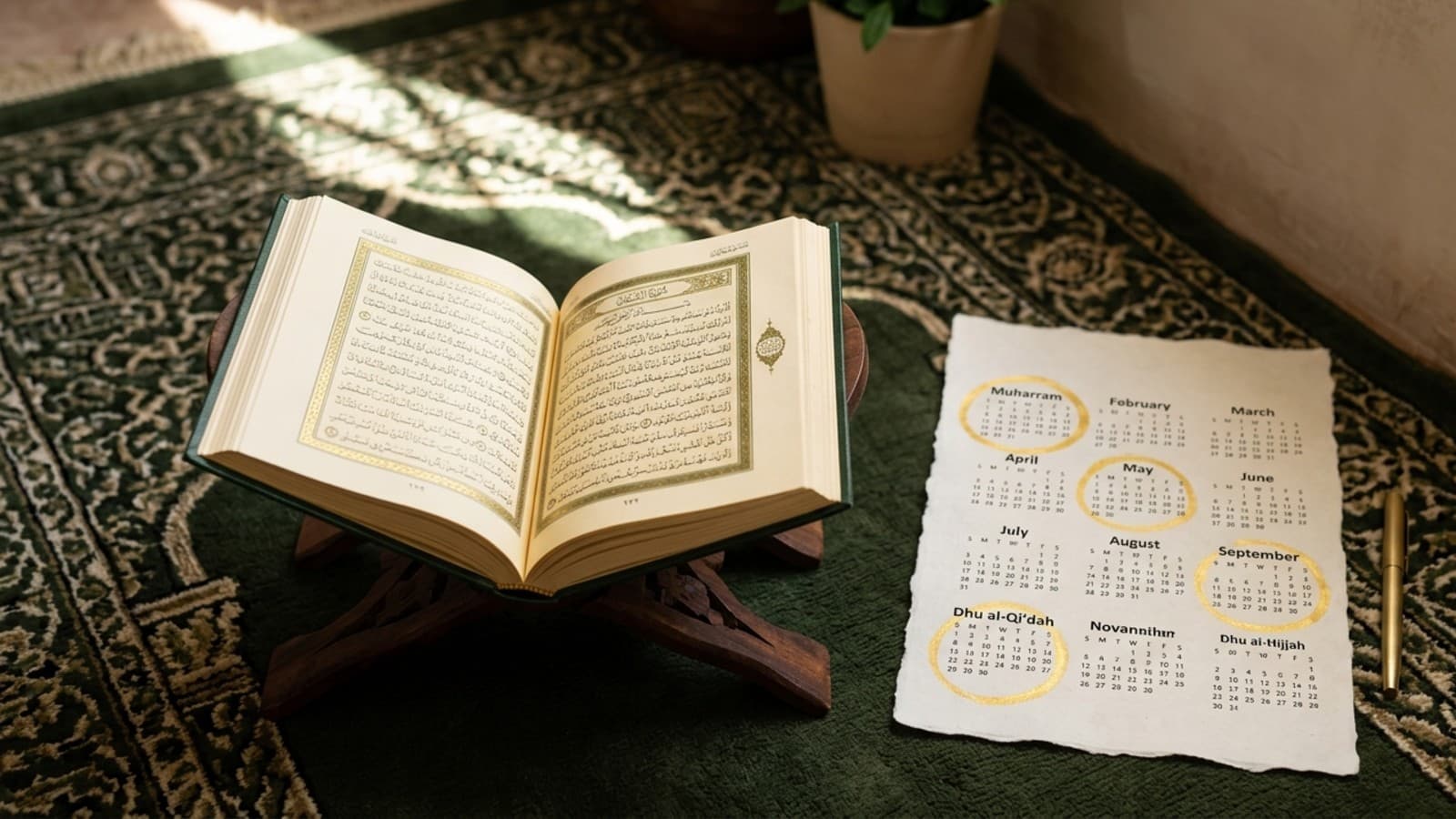 An overhead view of an open Qur’an on a woven prayer rug, with a wall calendar marked for the four sacred months in Islam, sunlit.