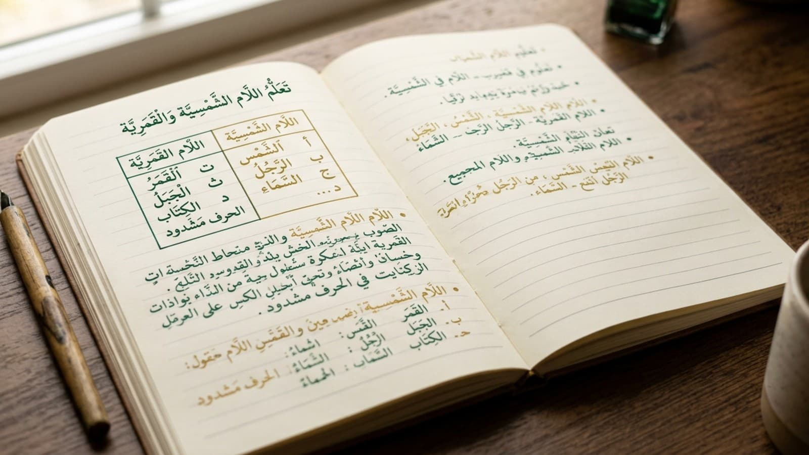 Open notebook page showing the Arabic definite article al with lam shamsiyyah and lam qamariyyah examples in green ink