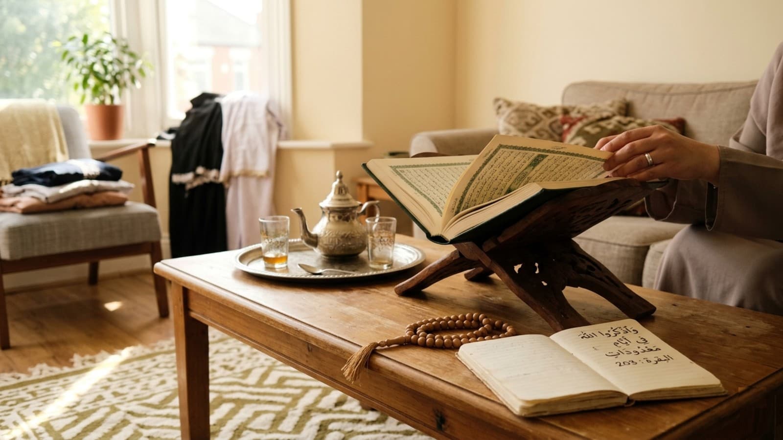 Open Qur'an beside prayer beads during Eid days are for zikr reflection at sunset