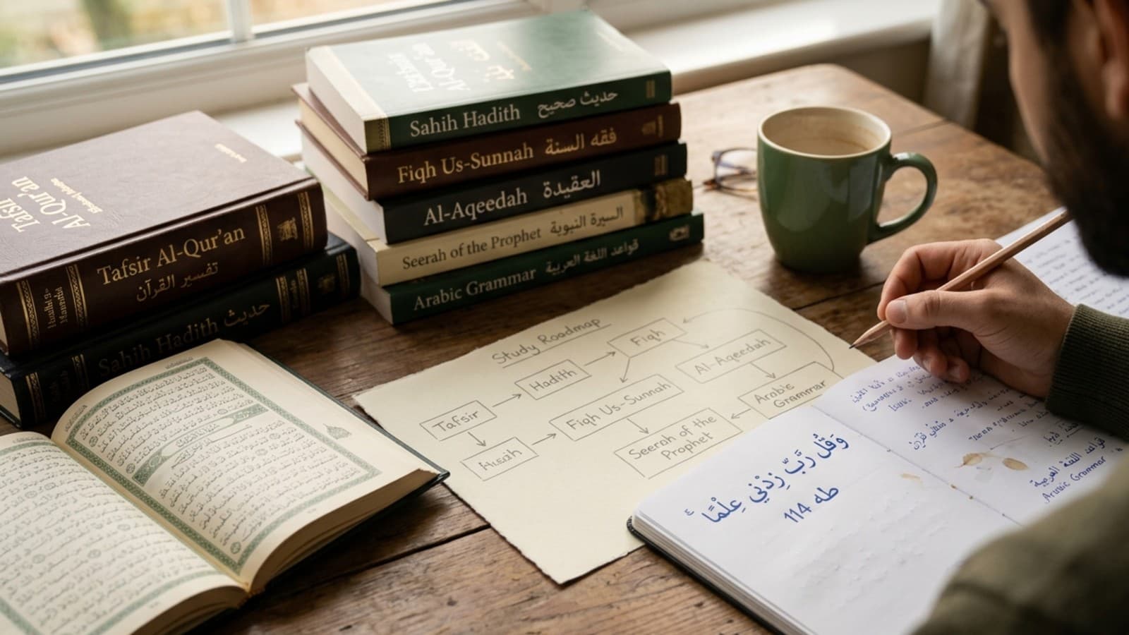 Islamic studies branches displayed through Quran, hadith, Arabic grammar, and fiqh study notes