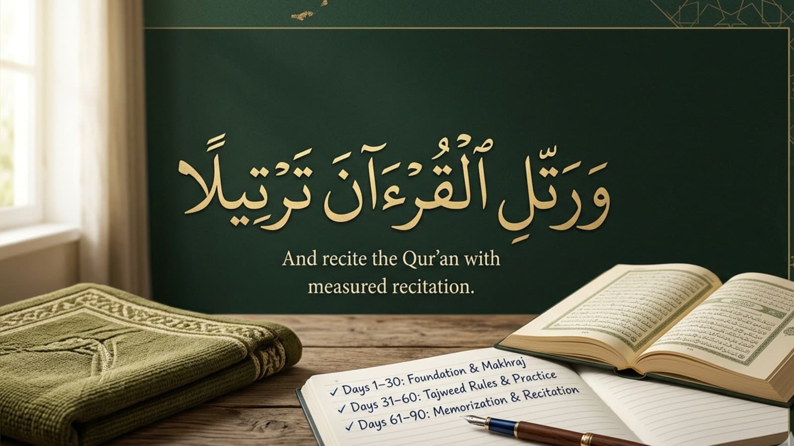 Student following a learn Quran online plan with Quran and notebook