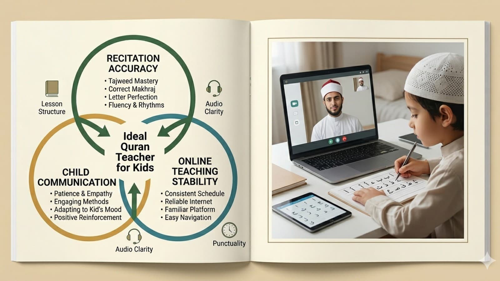 online Quran teacher for kids guiding child through digital Tajweed lesson at home desk