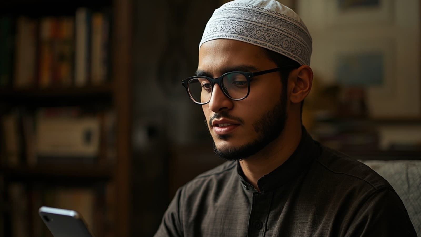 a muslim youngman reading or practicing reading on his phone