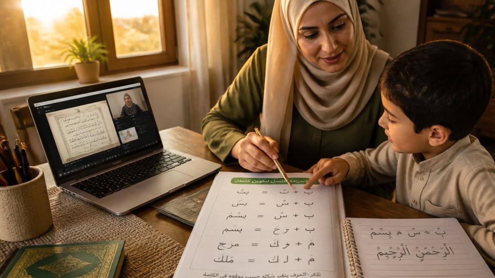 Mother helping child practice Arabic reading for beginners with connected words