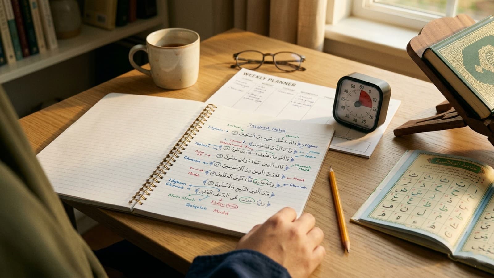 Annotated notebook mapping tajweed rules for beginners beside mushaf, pencil, timer, and study planner