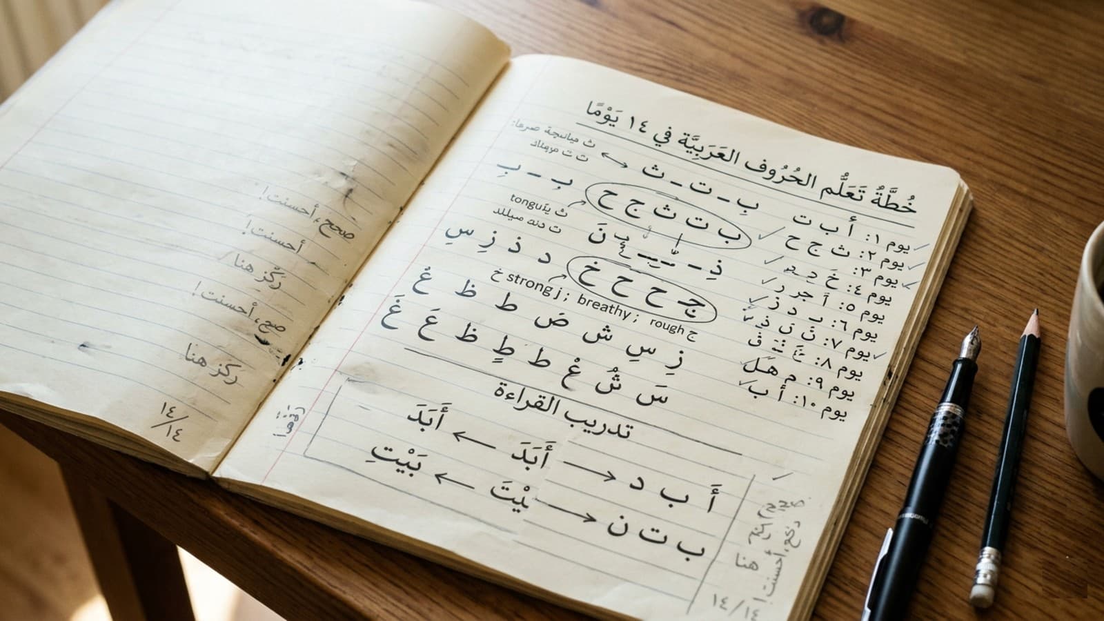 Annotated study notebook showing learn Arabic alphabet practice with beginner reading drills