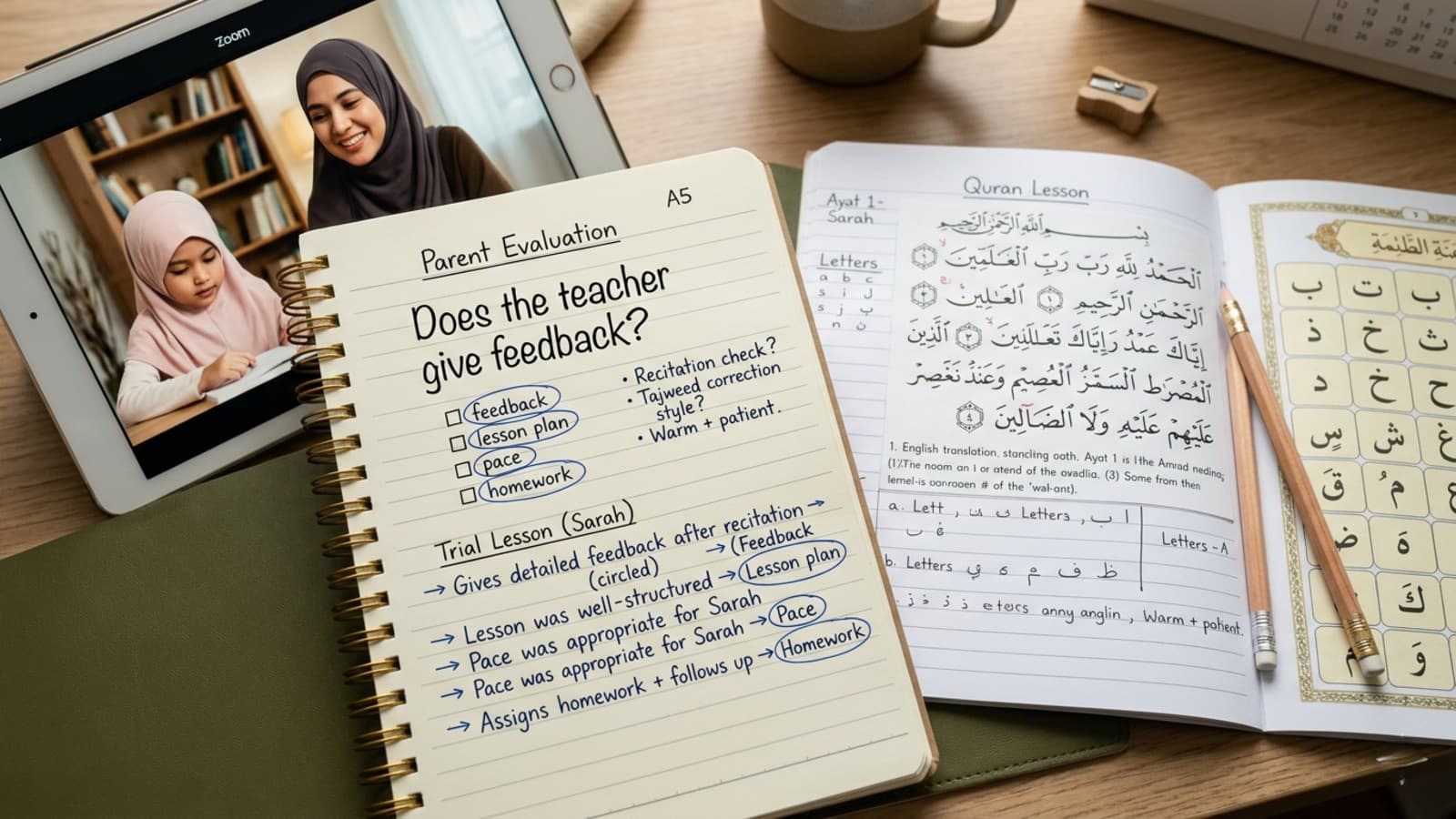 Parent reviewing notes while evaluating an online Quran teacher for a child