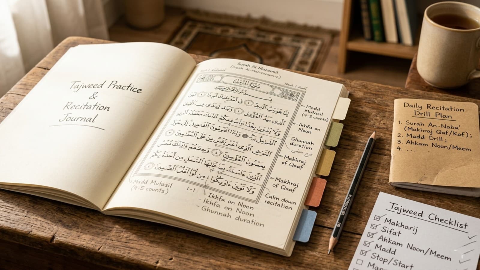 Adult Quran student reviewing common Tajweed mistakes with marked recitation notebook