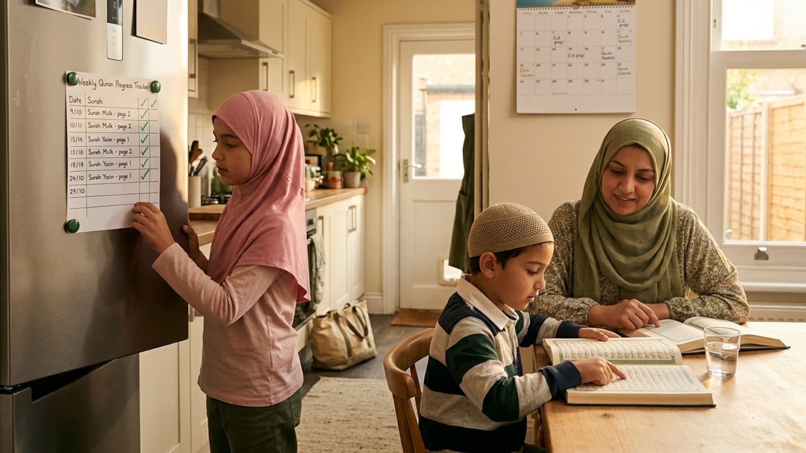 Family following a summer Quran routine together before Maghrib during school holidays
