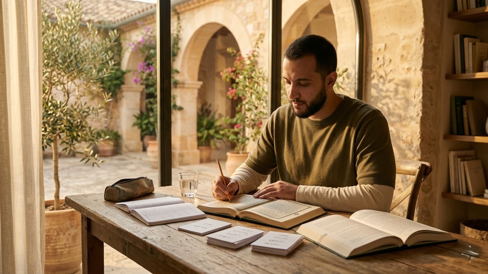 Student learning Quranic Arabic at a sunlit study nook with Quran, notebook, and translation
