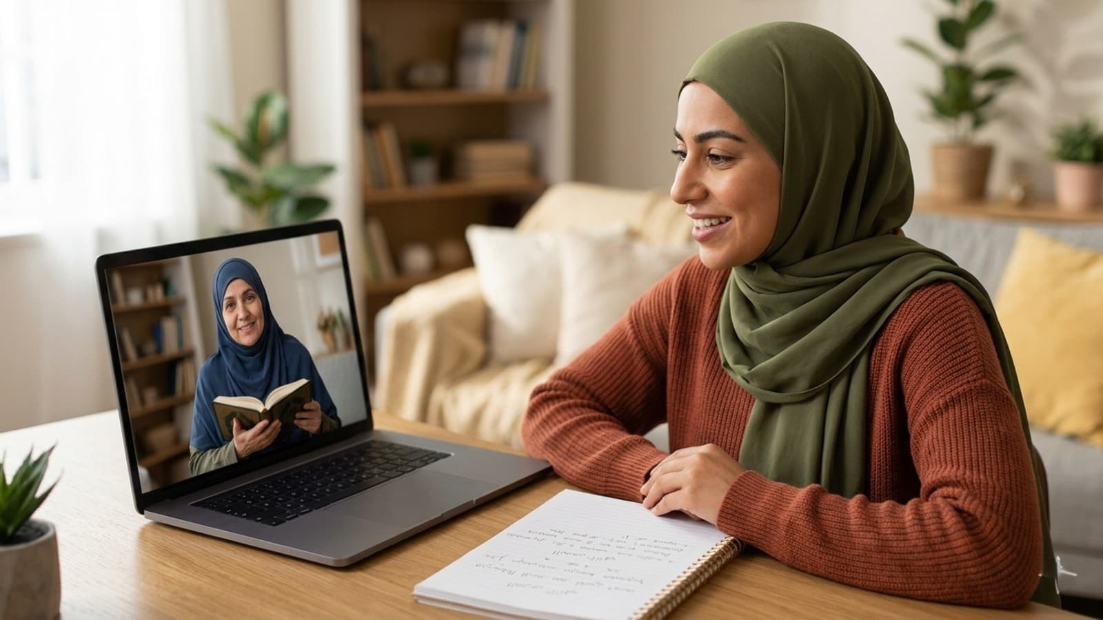 Adult student attending a free Quran evaluation with teacher during online lesson