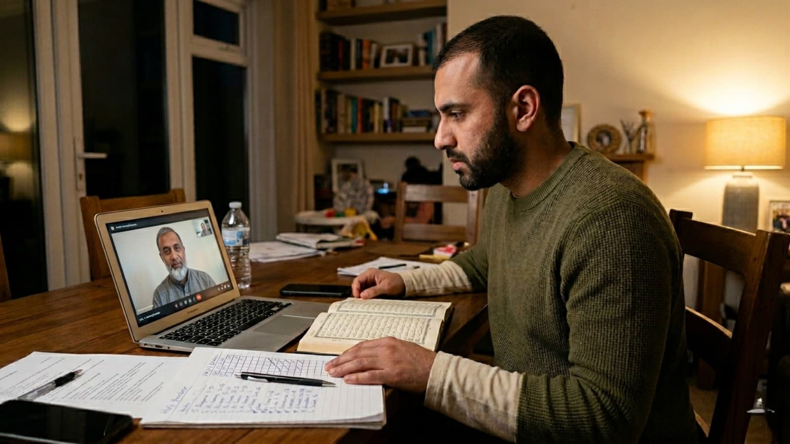 Professional reviewing memorize Quran weeknights plan during online Hifz lesson at home