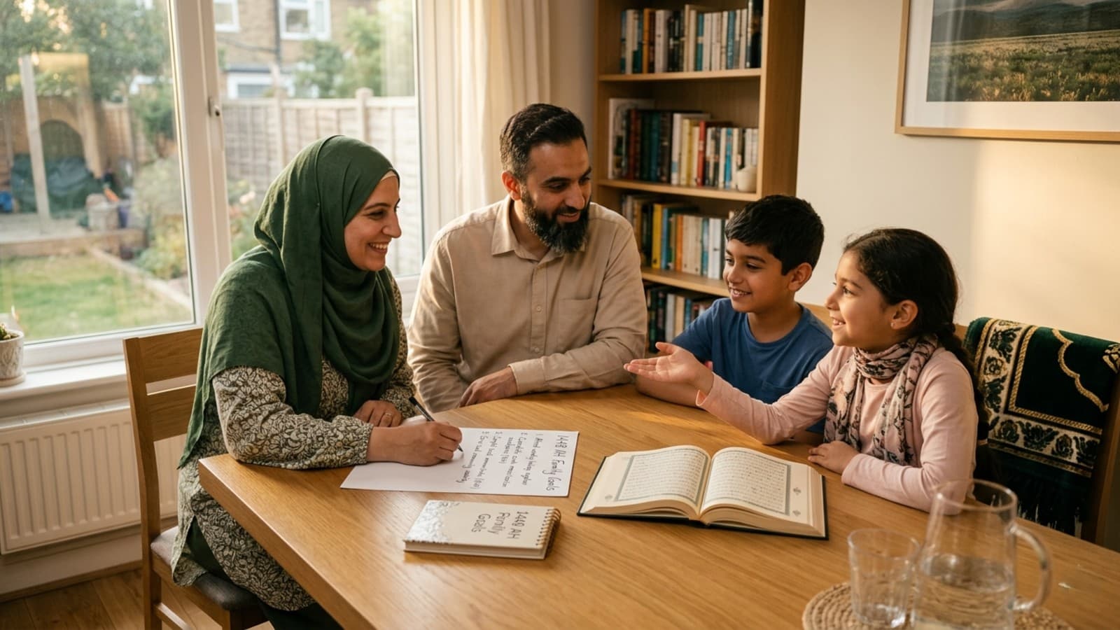 Muslim family planning Hijri new year goals around a Quran before Maghrib