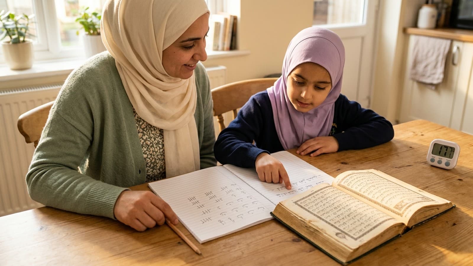 A parent and child following a daily Quran routine at a home desk with a study planner and open mushaf.