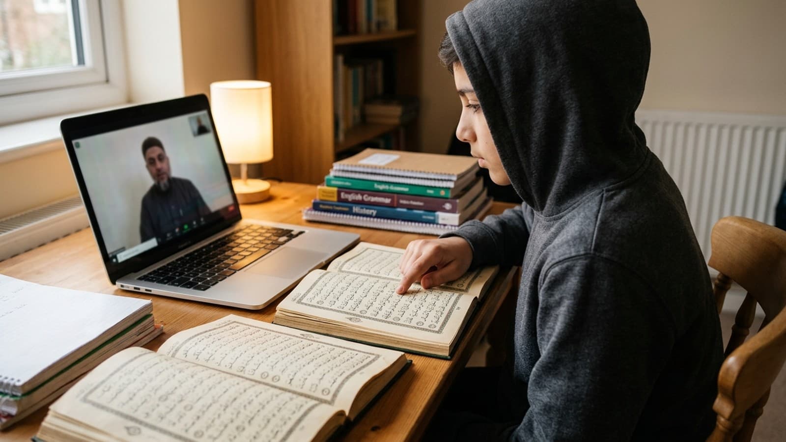 A teen boy tracking Arabic text in a mushaf during an online tajweed class at a home desk.