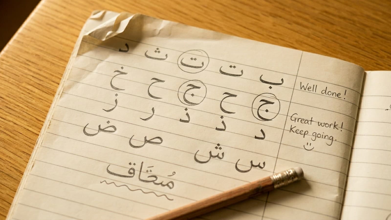 A parent teaching Quran to kids at home with an open mushaf on a wooden kitchen table.
