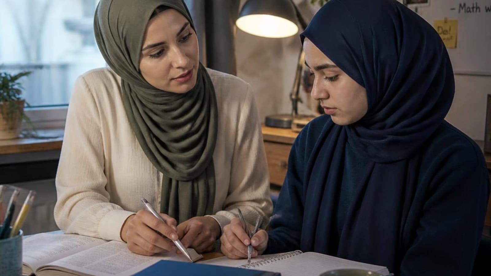 A female Arabic teacher guiding a beginner student through basic Arabic vocabulary at a home desk.