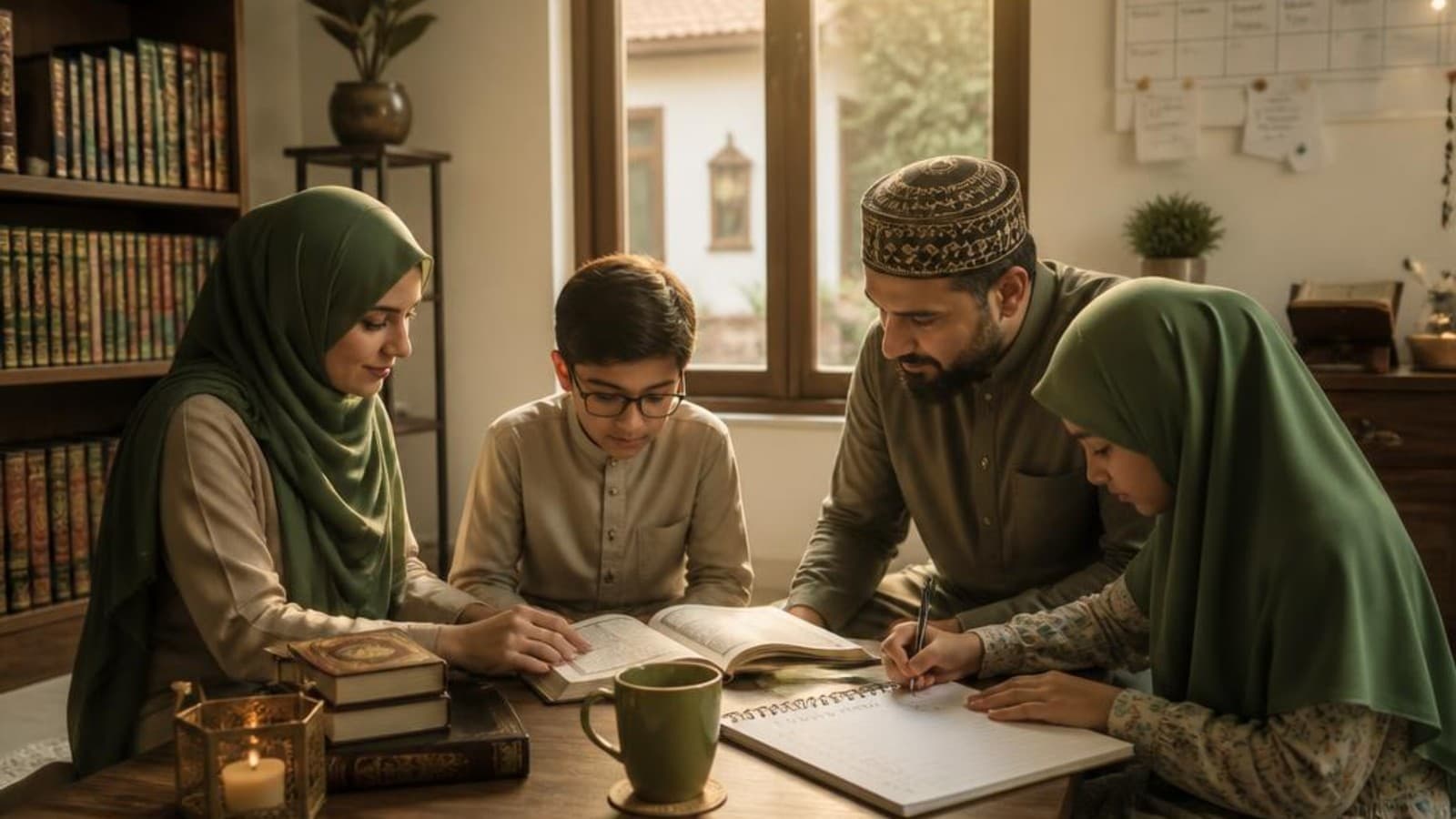Parents and children following a family Quran plan in a sunlit home study corner