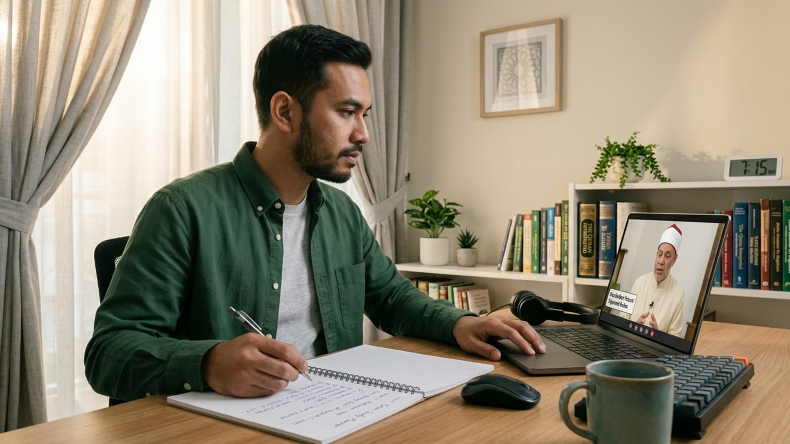 Muslim adult resetting Quran routine during an online Quran lesson at home