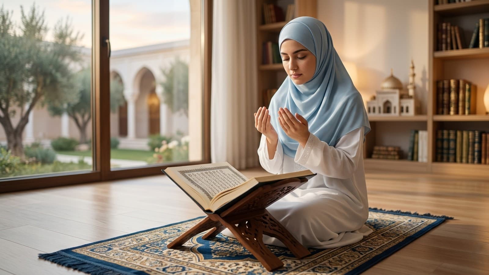 Photorealistic close-up of an open Quran to Surah Al-Fatiha, with a hand pointing to a specific word, illustrating Tajweed rules.
