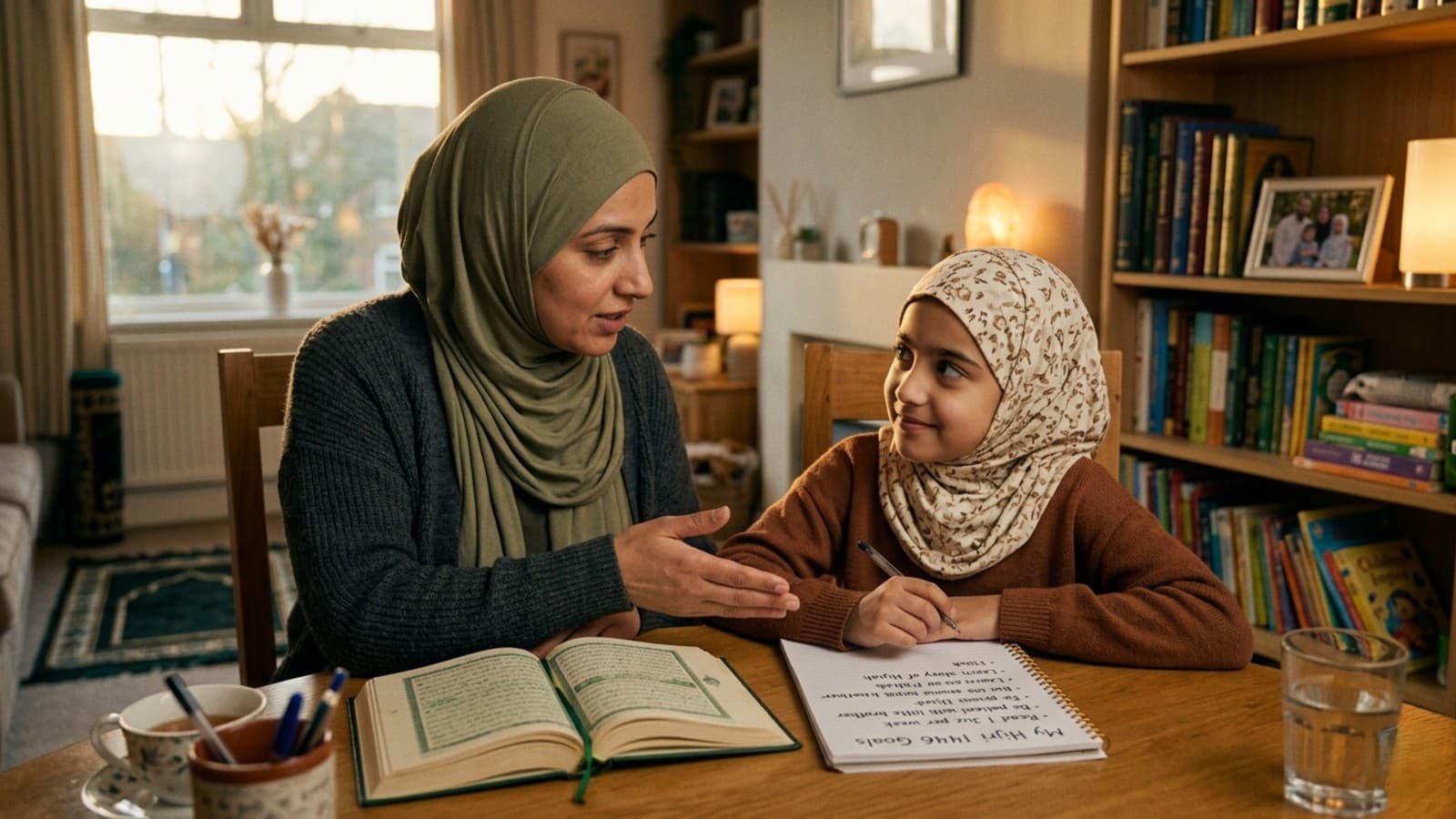 Parent teaching Islamic new year for kids lessons beside Quran at home