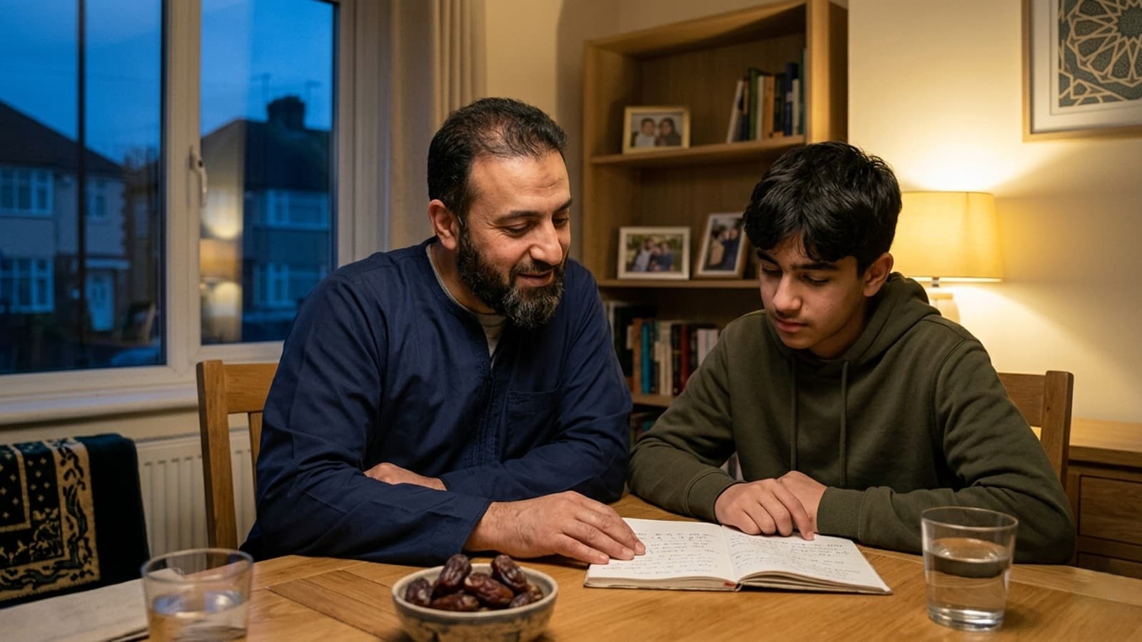 Muslim father and son preparing for fasting Ashura before Muharram dawn
