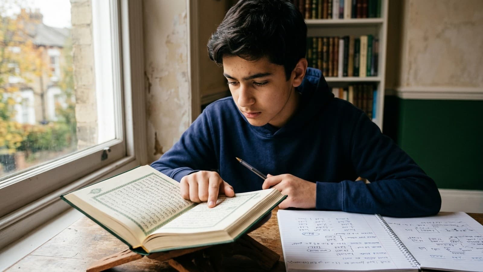 Muslim teen tracking Arabic text in open Quran with finger, notebook of grammar notes beside him, warm window light.