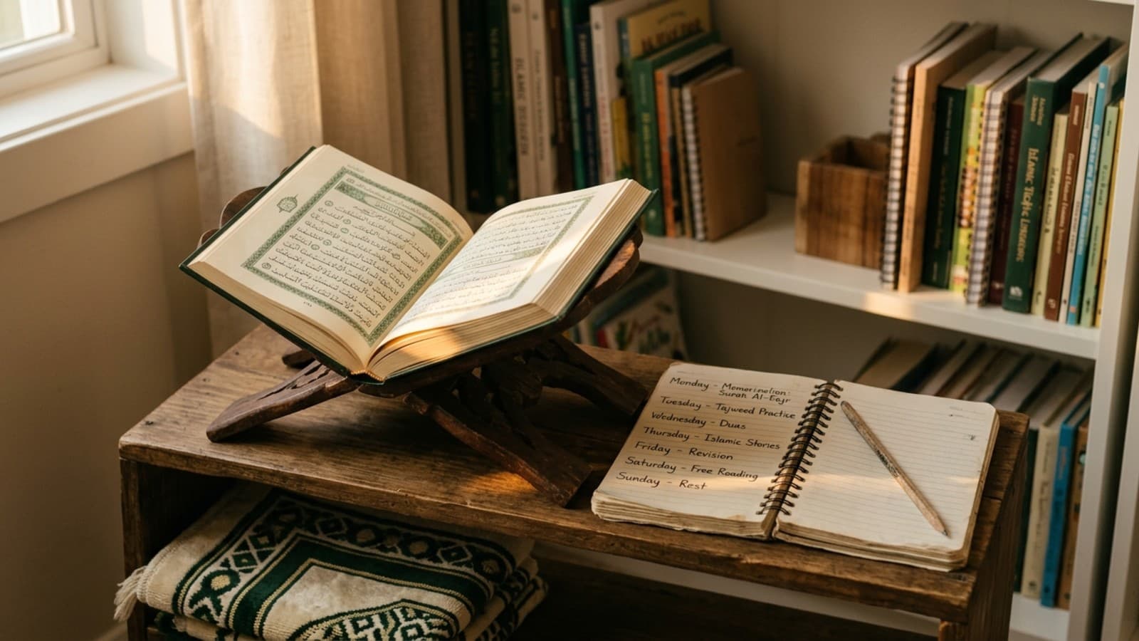 Nine-year-old Muslim child with open Quran in quiet home study nook, early morning light, kids hifz schedule notebook beside him.
