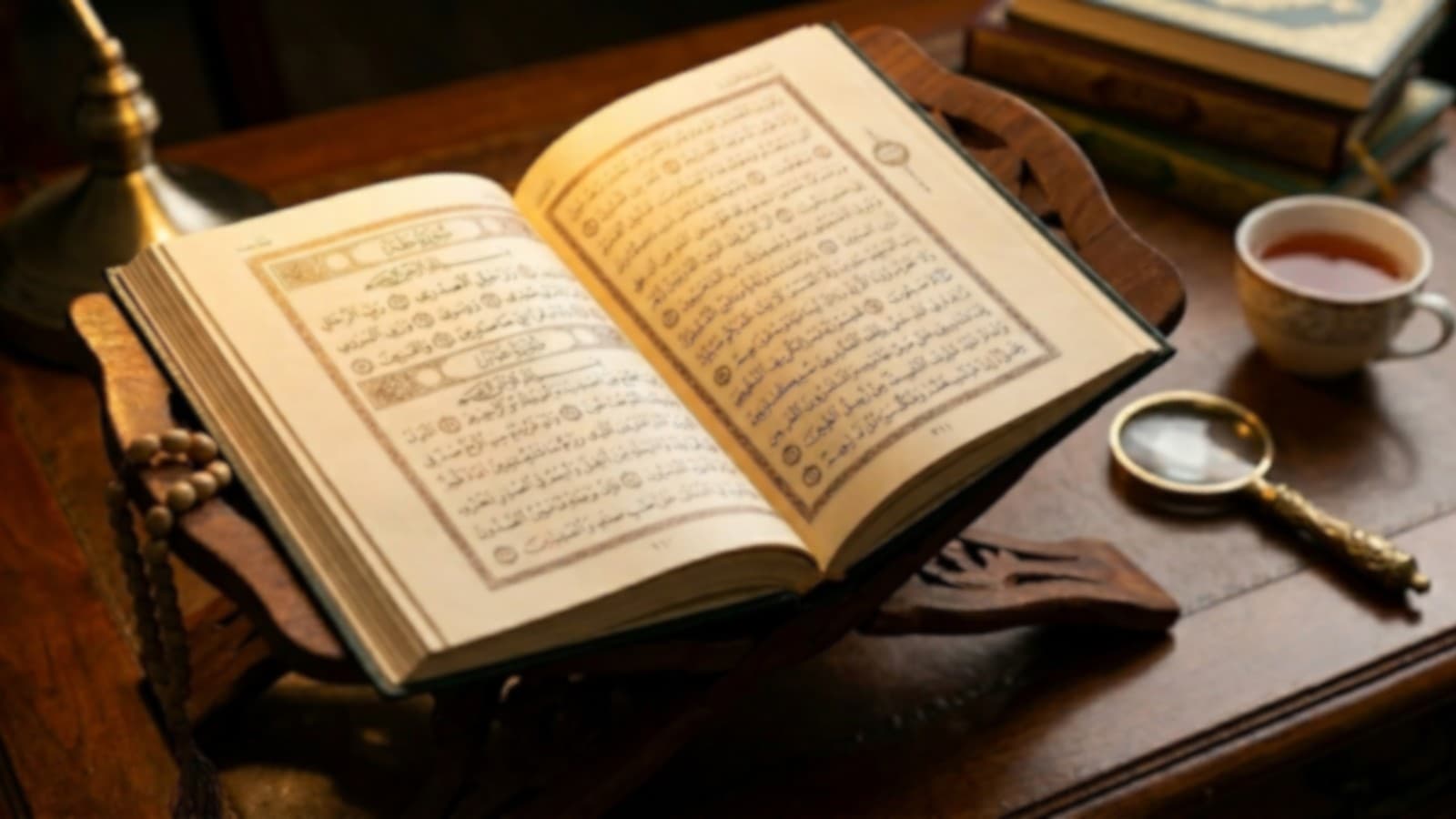 A professional, high-quality photograph of an open Quran on a wooden stand (rehal), with soft lighting highlighting the verses of Surah Ta-Ha (20:25-28), creating a scholarly and contemplative atmosphere.