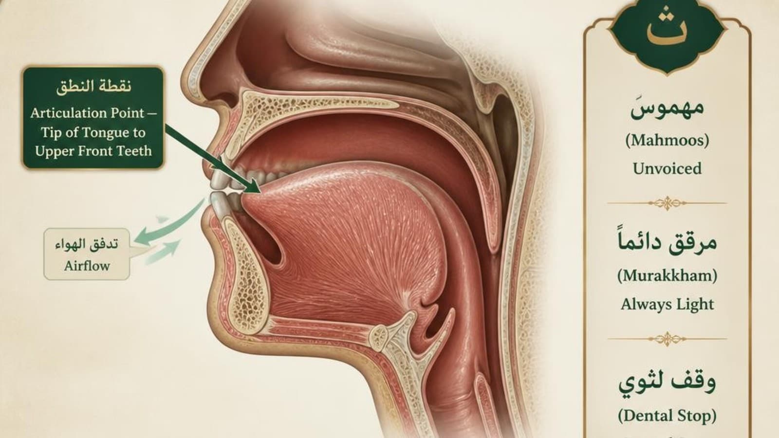 Diagram showing the articulation point of the Arabic letter Taa — tip of tongue against upper front teeth