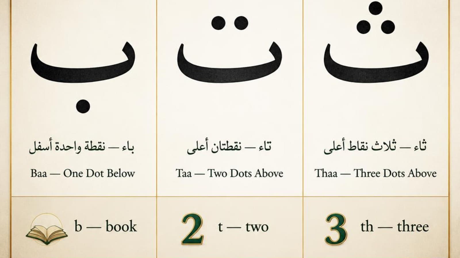 Side-by-side comparison of Arabic letters Baa, Taa, and Thaa showing their shared base shape and different dot patterns