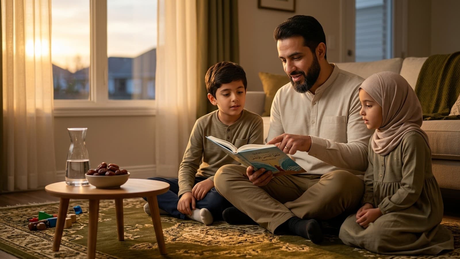 Parent teaching kids Ashura story from the Quran during Muharram evening