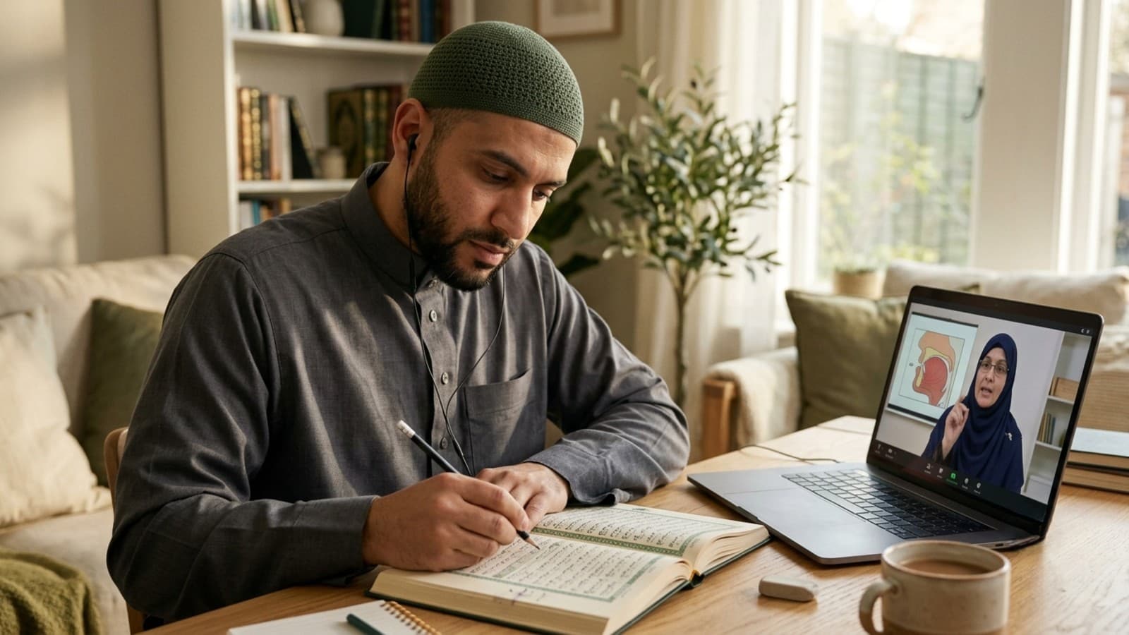 Adult Muslim student reviewing Tajweed Surah Al-Mulk notes during a one-to-one lesson