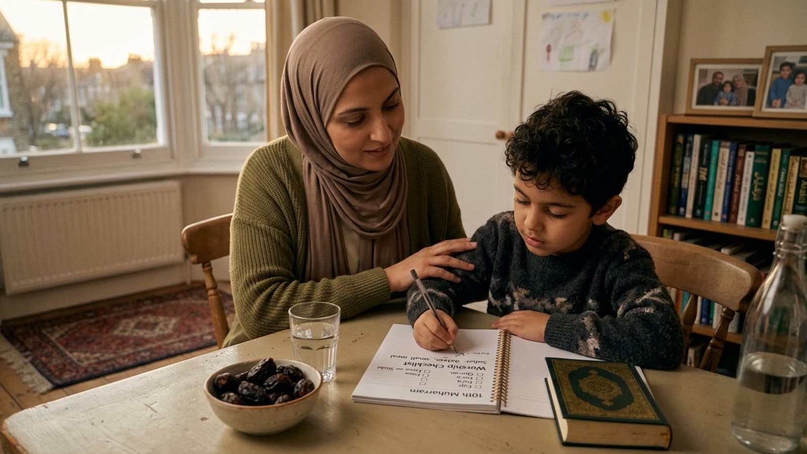 Muslim parent and child preparing for the day of Ashura fast together