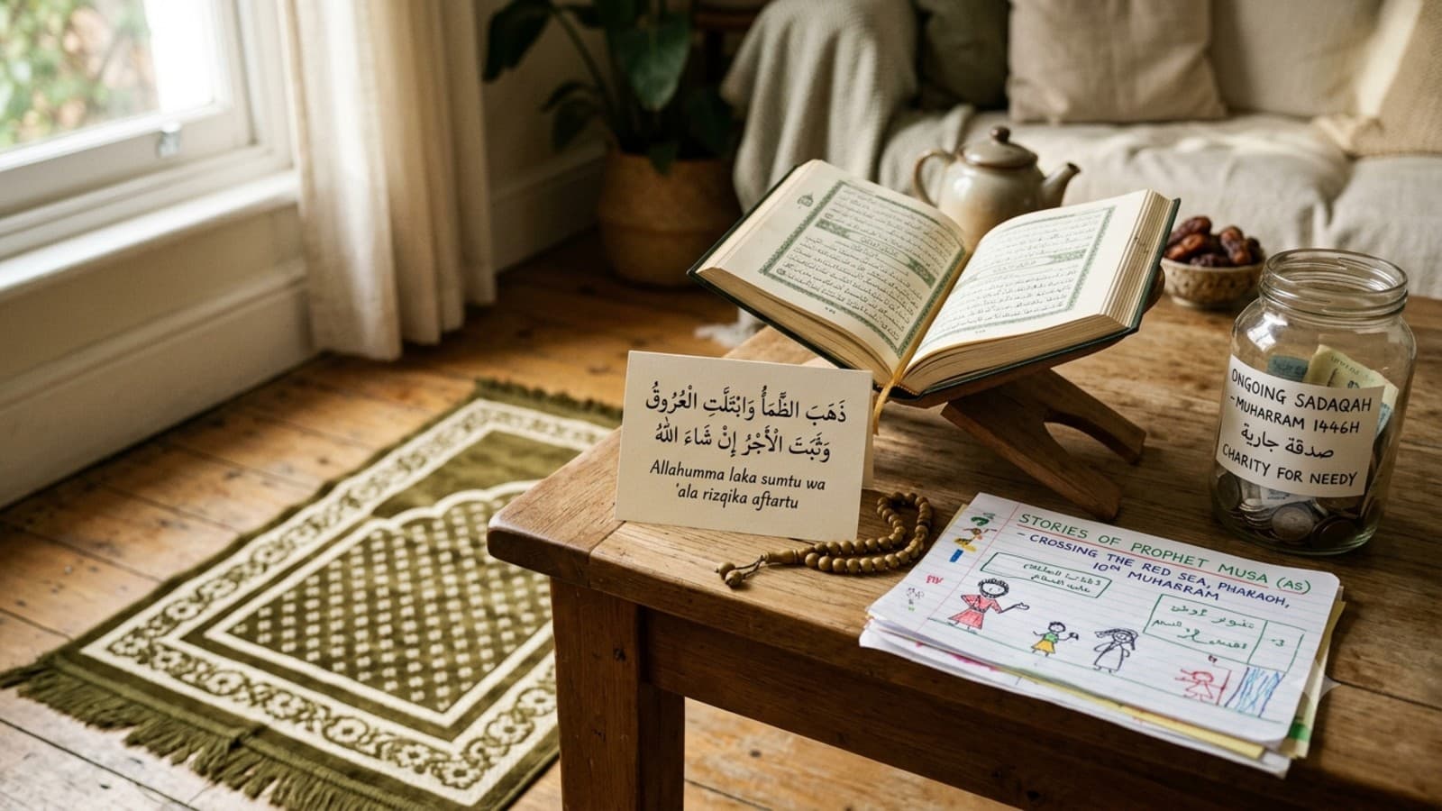 Family preparing a simple Ashura at home routine around Qur'an and notes