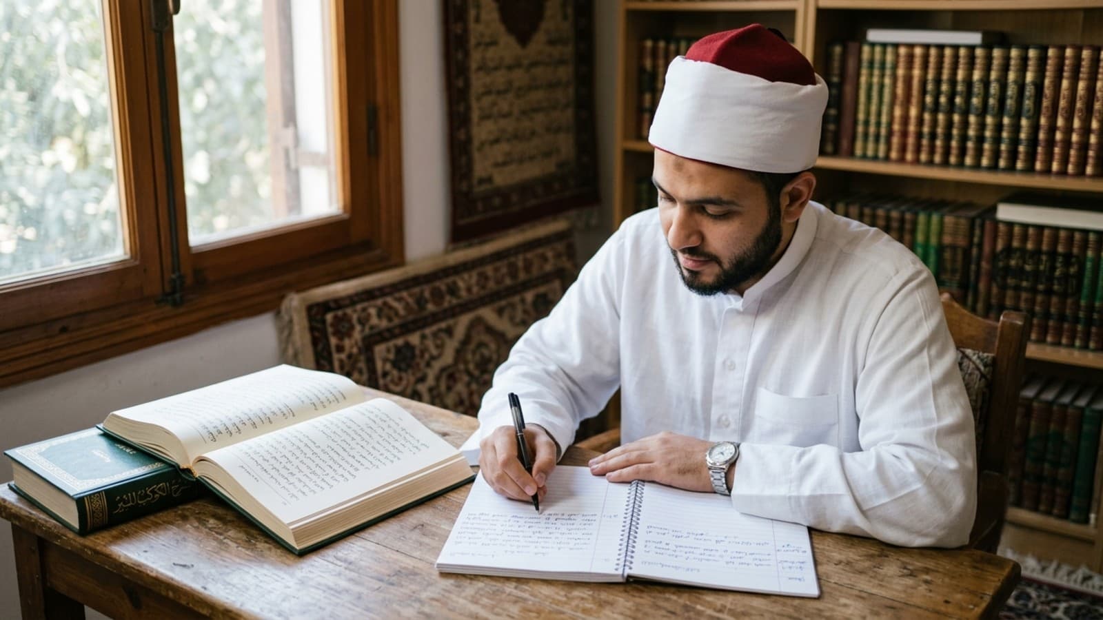 Open classical tafsir book with Arabic text on a wooden desk beside a notebook for tafsir for beginners study.