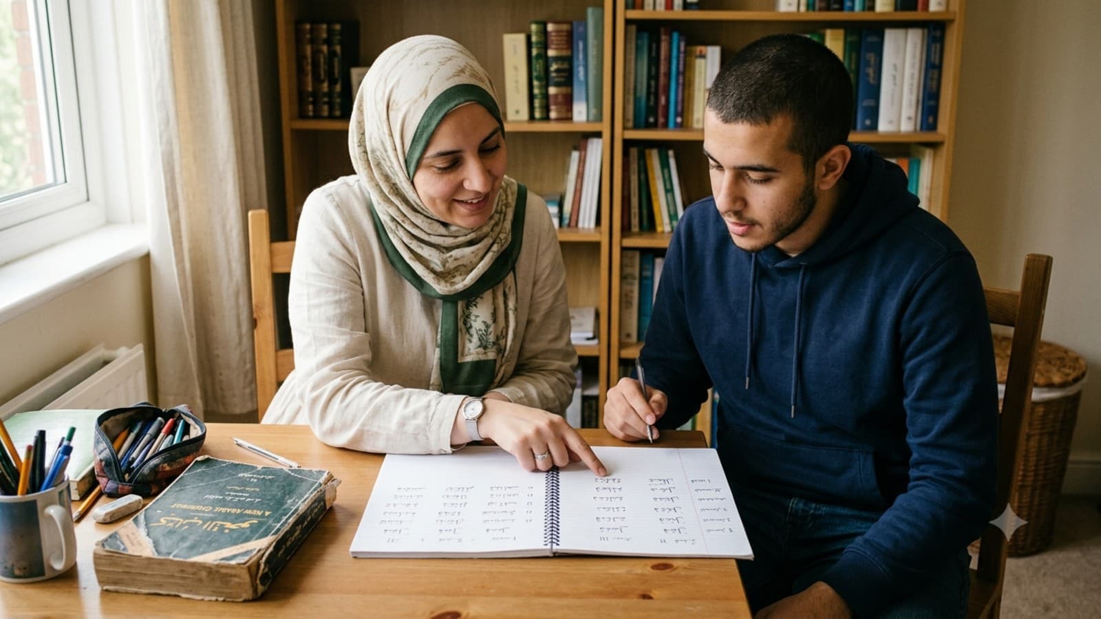 A student tracing Arabic verb form patterns in a notebook during a one-on-one Arabic lesson.