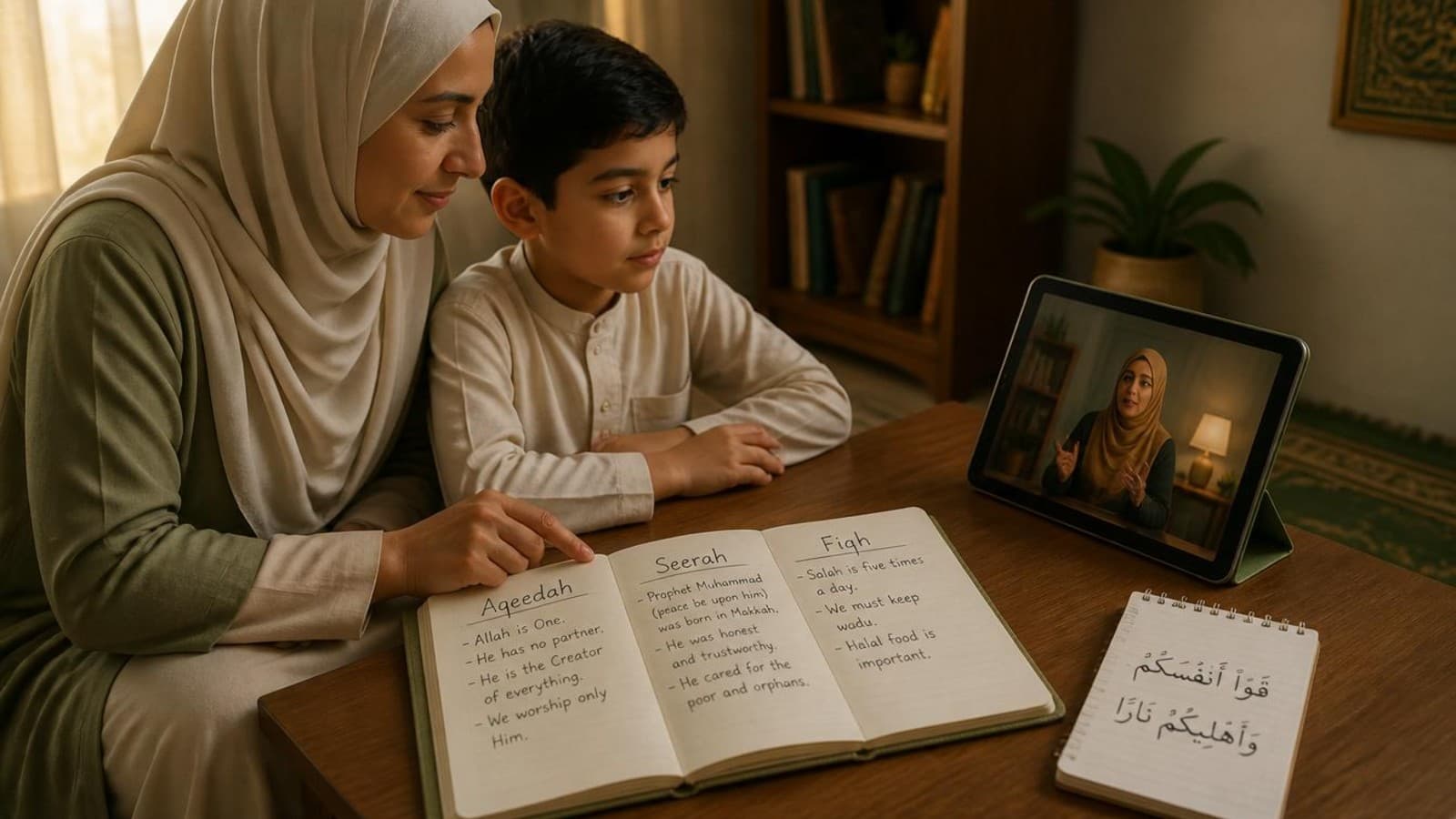 Mother and child reviewing an online Islamic studies for kids lesson together on a tablet at home