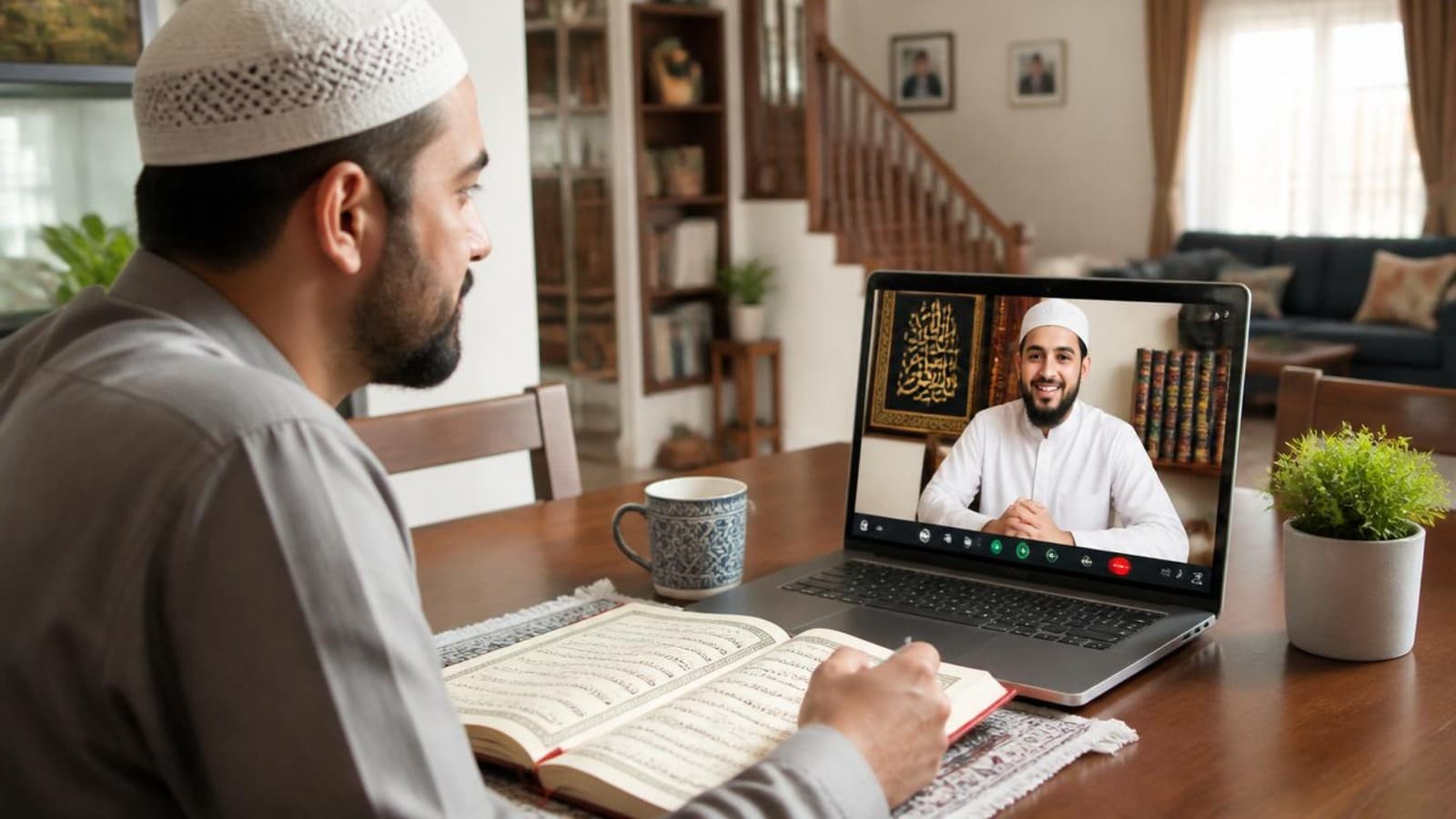 Adult student on a laptop video call evaluating a Quran teacher online, notebook of questions open beside her
