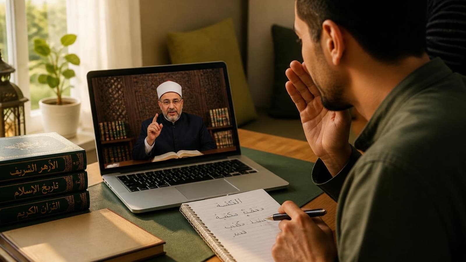 Adult student in a one-on-one Quran class online, laptop open, teacher visible on screen, notebook in hand