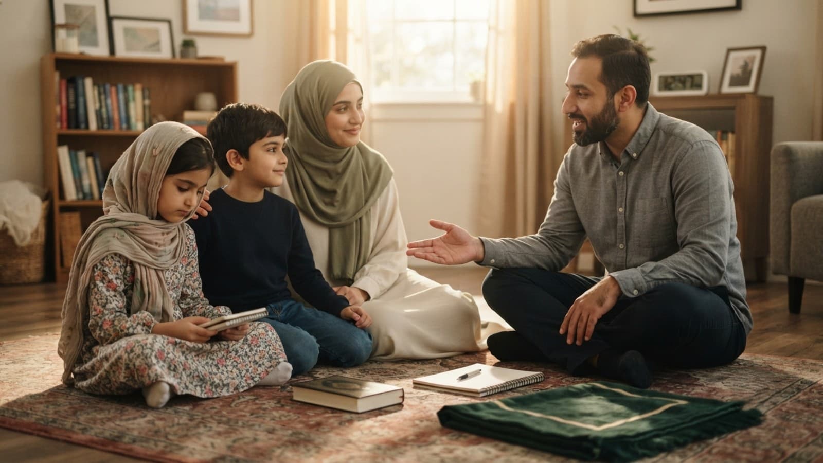 Muslim family sitting together for a Friday halaqa at home before Jumuah prayer