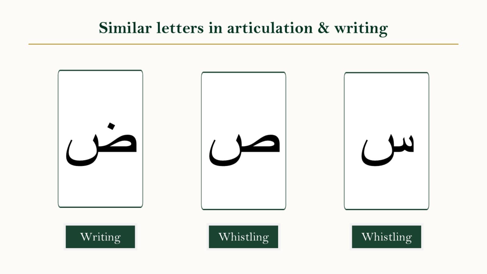 Side-by-side comparison panel showing the written shapes of Seen, Saad, and Dhad in Arabic script.