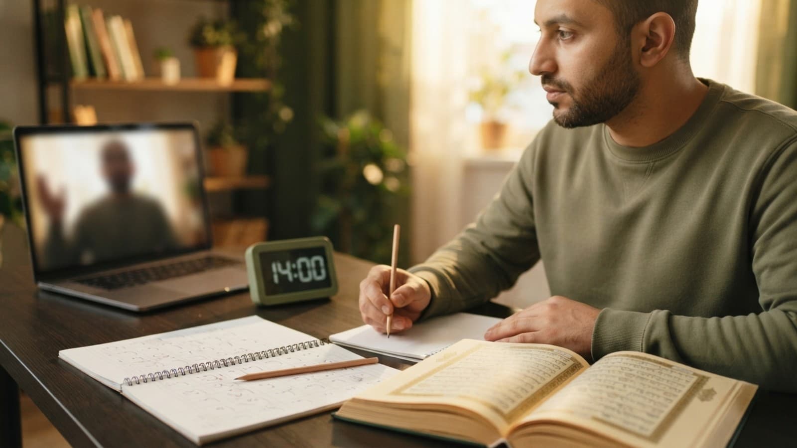 New Muslim reading Quran without Arabic fluency, tracing letters in a notebook beside an open mus-haf