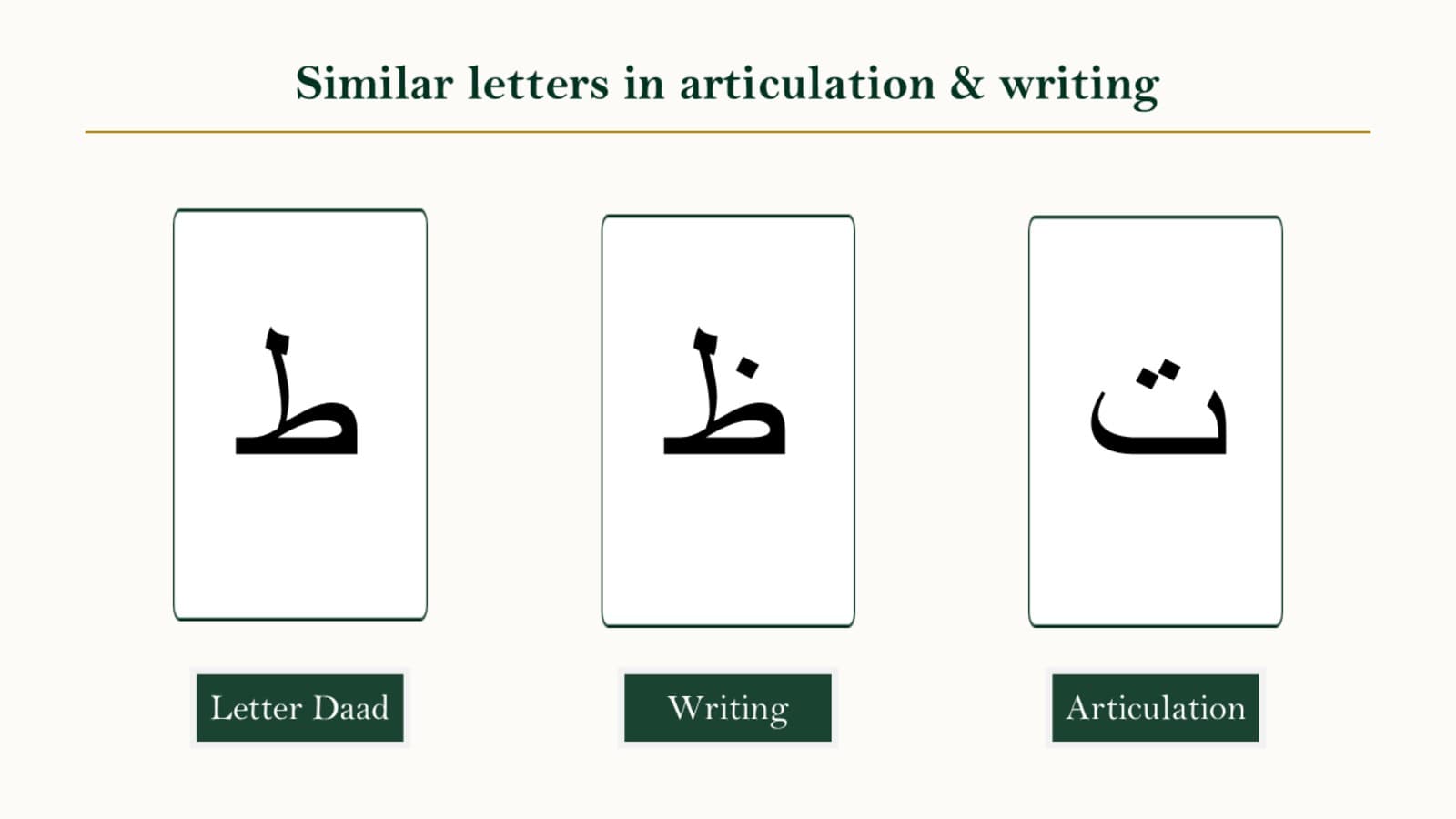 Comparison chart of the Arabic letters Taa heavy, Taa light, and Zaa showing shape and dot differences