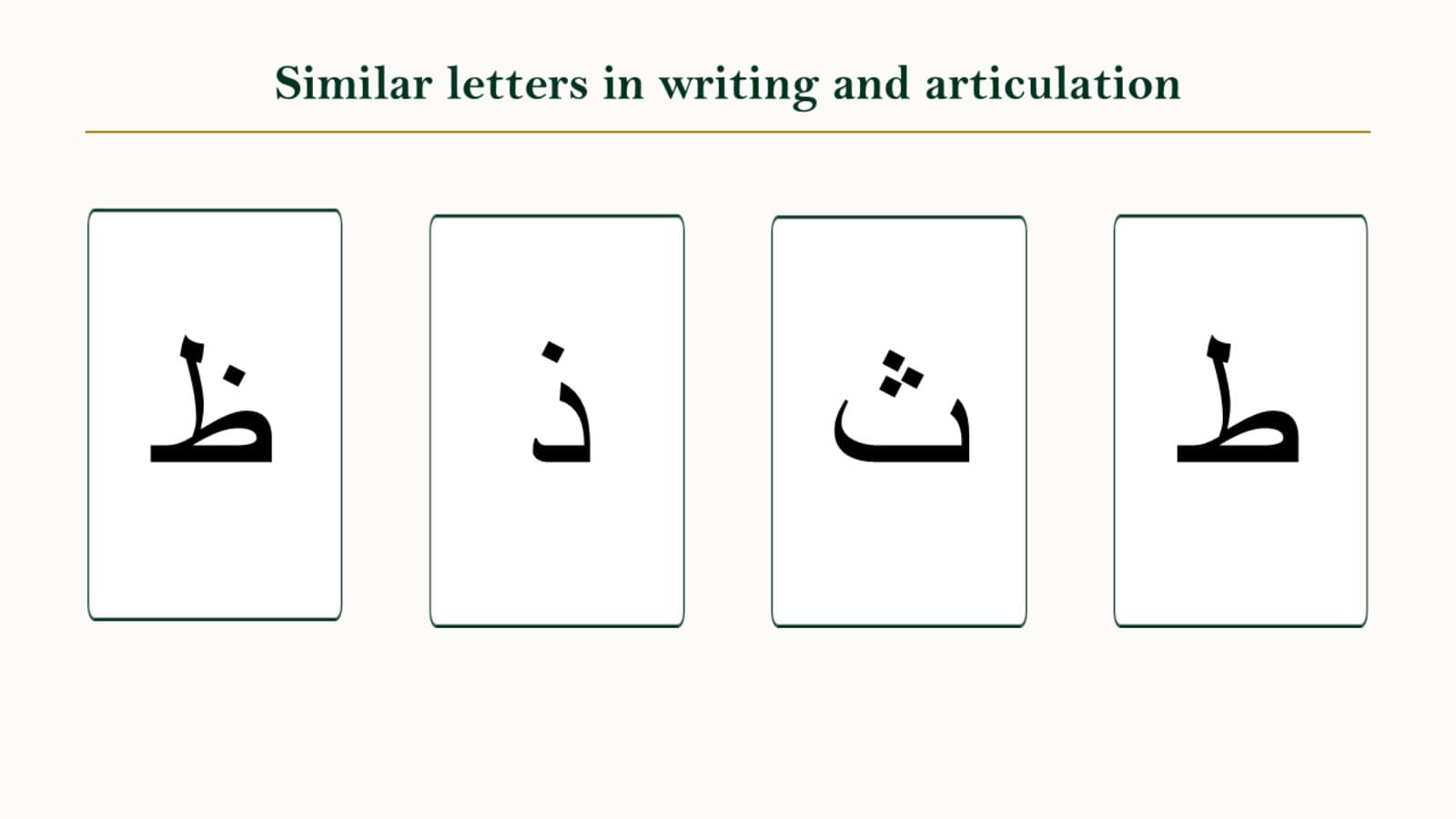 Comparison chart of the Arabic letters Zaa, Dhaal, Thaa, and Taa showing shape and sound differences