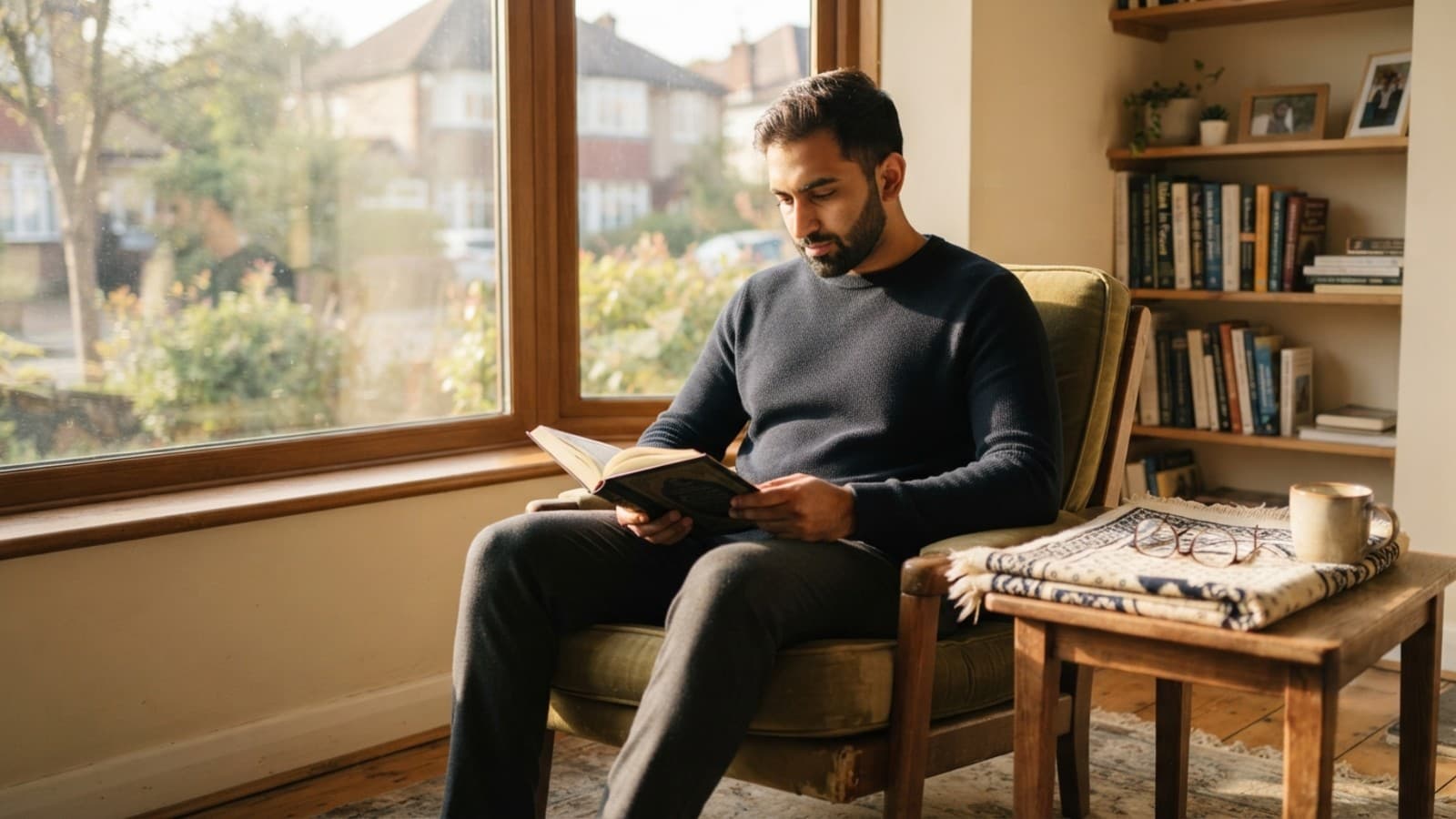 A father reading Surah Al-Kahf on Fridays by a sunlit window before Jumu'ah prayer