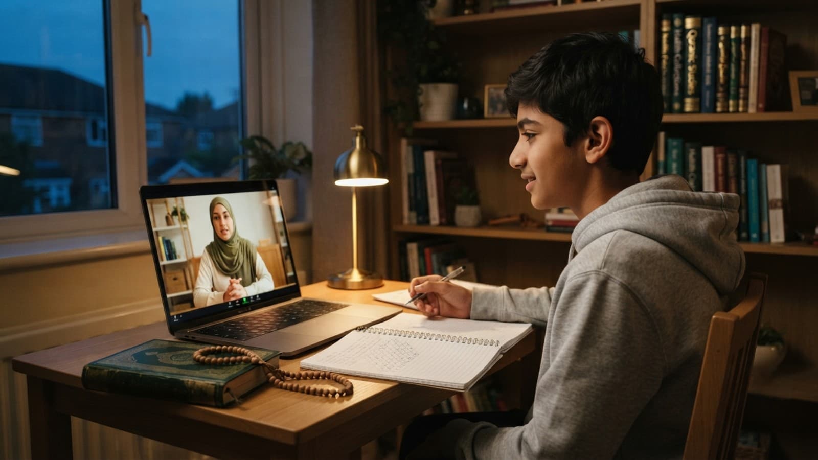 Student reviewing a memorisation tracker while learning to memorise Surah Yasin online with a teacher
