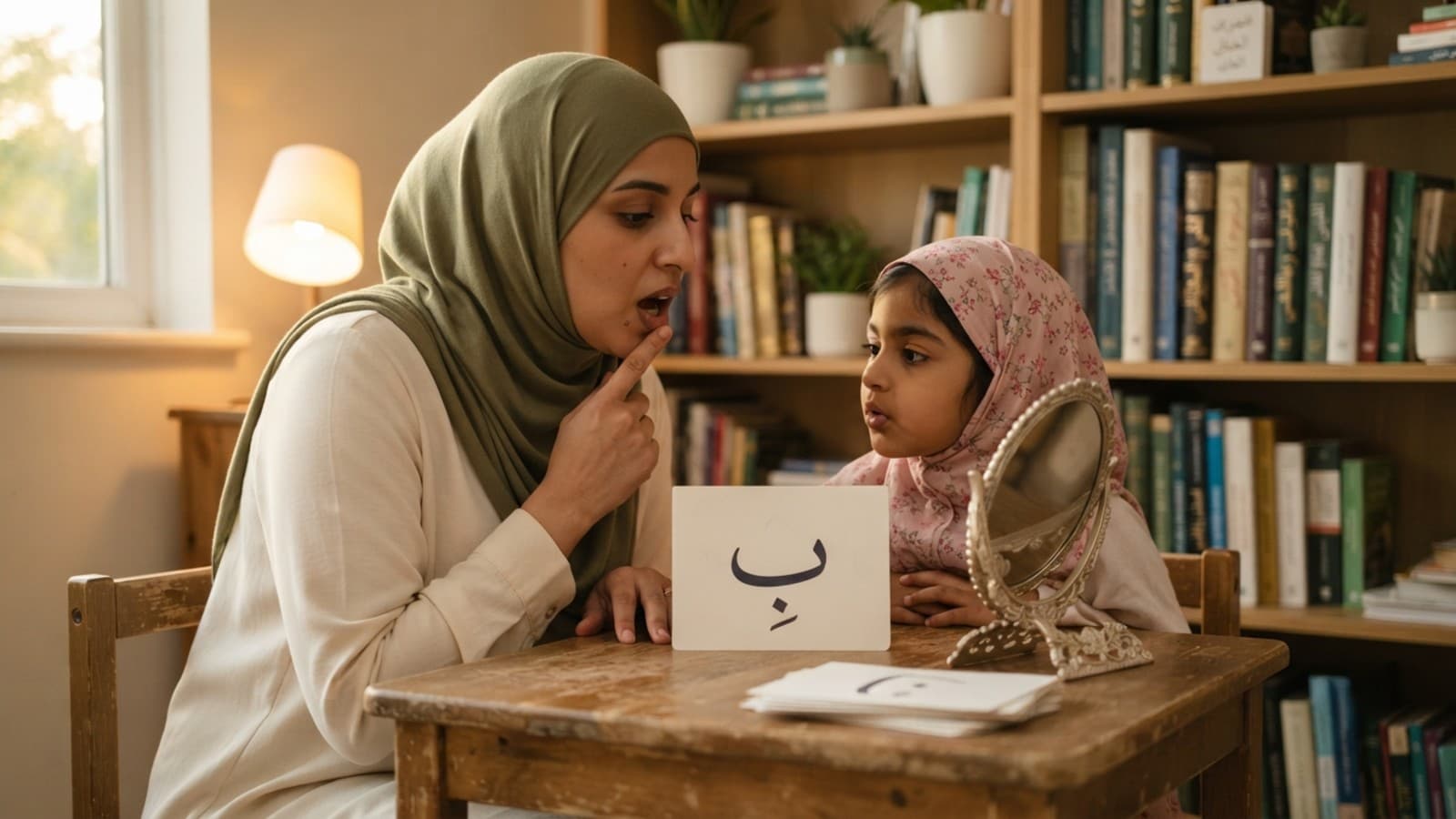 Child watching a teacher's mouth shape while learning Arabic letters for kids at home